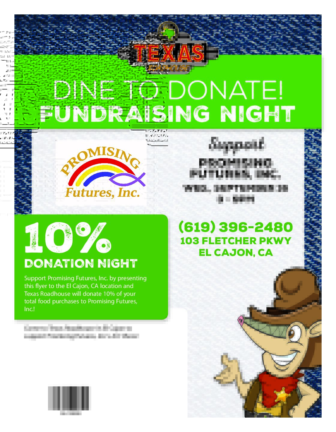 Dine to Donate @ Texas Roadhouse-El Cajon to raise funds & awareness for PFI’s Turn the Page Art Show